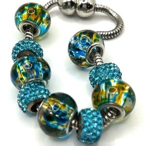 Blue Glass Charm Bracelet Magnetic Closure silver tone sky blue. Easy to wear